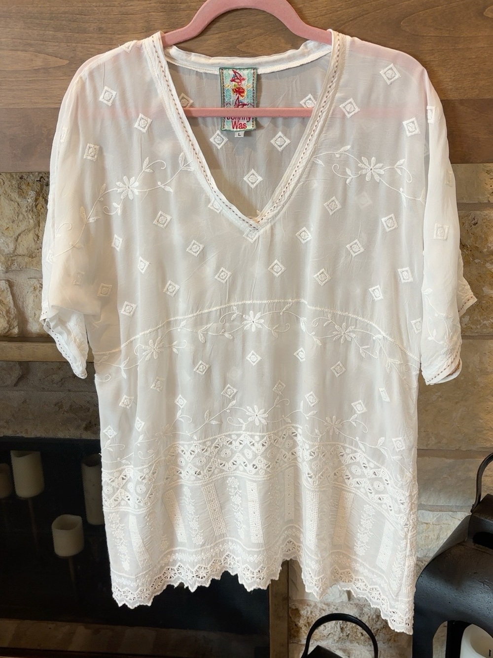 Johnny Was Boho V-Neck Embroidered Tunic Top - White